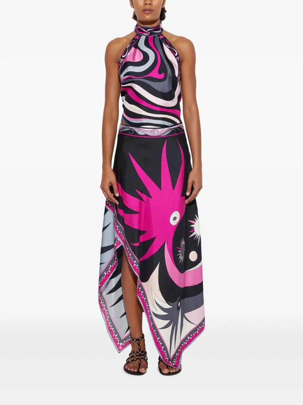 Irregular Satin Printed Sets Halter Neck Lace-up Tank Top Asymmetric Midi Skirt 2 Pieces Set 2026 Summer Casual Vacation Outfits