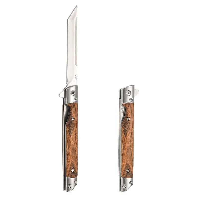 Stainless Steel Folding Knife | Wood Handle, Foldable Blade | Camping & Outdoor Carry