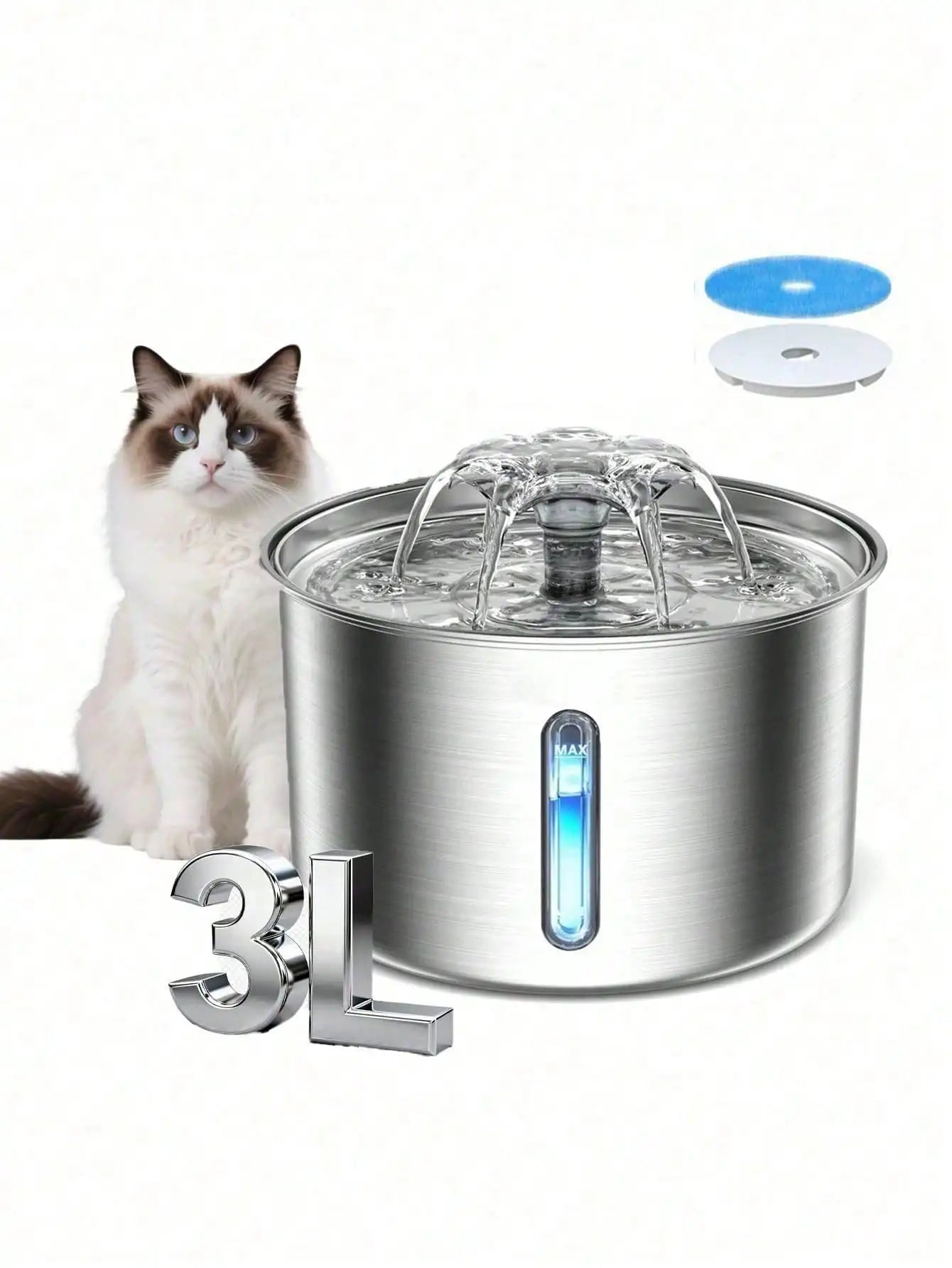 3L/101.45oz/0.793Gallon Stainless Steel Automatic Cat Water Drinker | Quiet USB Powered Pet Feeder with Water Level Indicator
