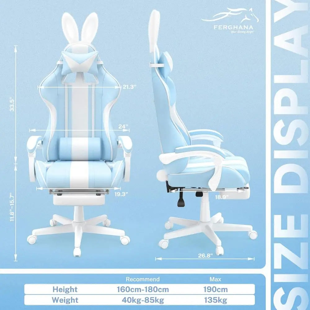 Light Blue Ergonomic Gaming Chair with Bunny Ears, Reclining Massage Chair for Teens and Adults