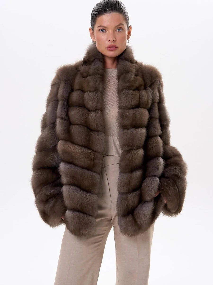 Women Winter Faux Fur Coat 2026 Warm Taupe Fluffy Plush Jacket Striped Patchwork Elegant Outerwear
