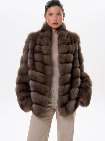 Women Winter Faux Fur Coat 2026 Warm Taupe Fluffy Plush Jacket Striped Patchwork Elegant Outerwear