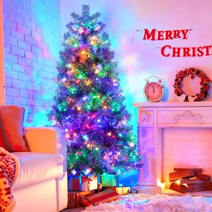 6FT Sliver Pre-Lit Artificial Christmas Tree Hinged Full Tree with Metal Stand 800 Branch Tips 300 LED Lights 11 Lighting Modes Holiday Decoration Tree for Indoor and Outdoor