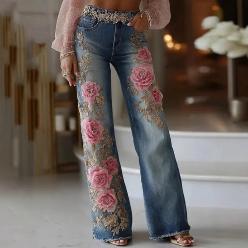 Women's Fashion and Leisure 2025 Retro Style Pink Rose Embroidery Art Print Imitation Jeans Pants