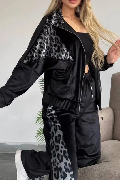 Women's 2-piece Set Retro Leopard Print Zipper Bomber Jacket Sweatshirt + High-waisted Trousers Sets Women's Velvet Pants Suit