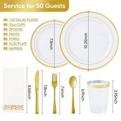 Disposable Dinnerware Set Elegant Luxury White Gold Rim Plastic Plates Gold Cutlery Cups Napkins 350 Pcs Serves 50 Guests Heavy Duty Party Tableware Set For Wedding Birthday Party Catering Showe