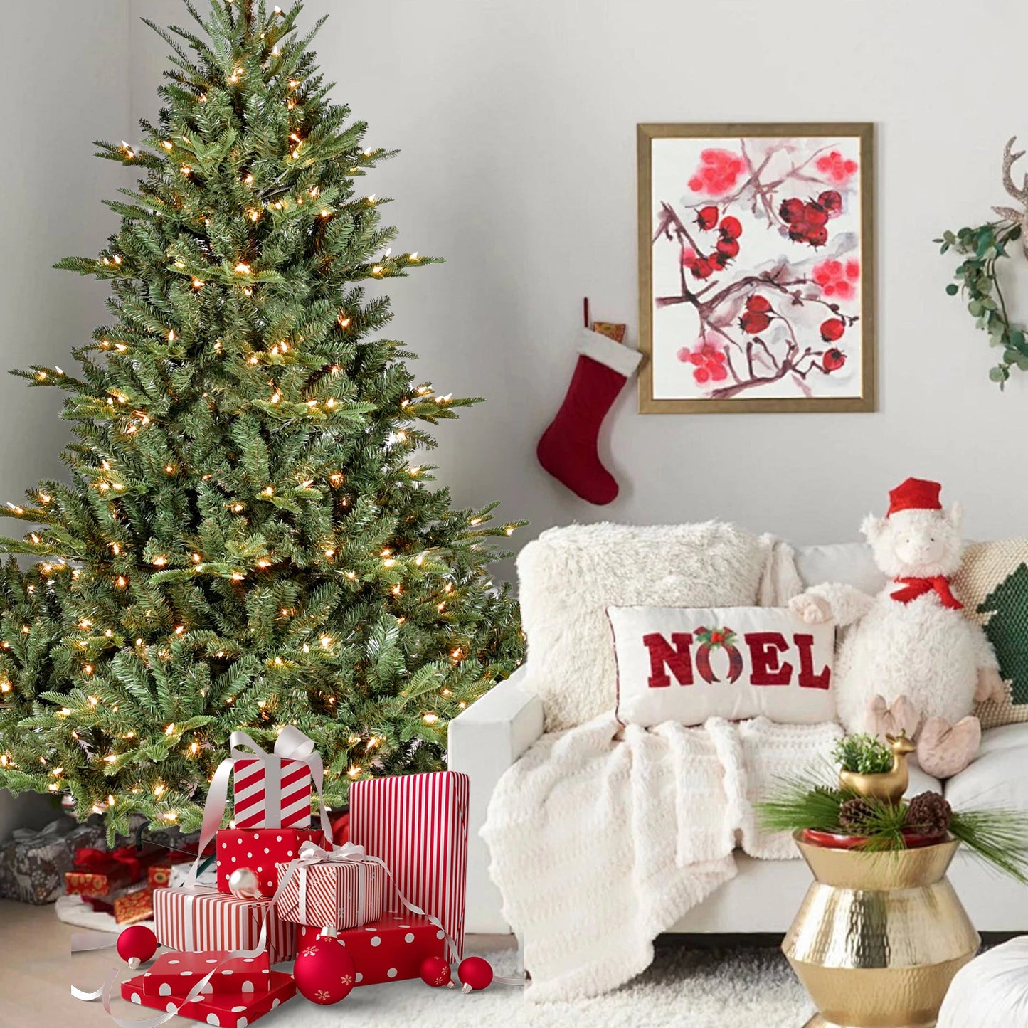 7.5ft Full-Shape Christmas Tree with 850 UL Certified Lights, 2441 PE/PVC Mixed Branch Tips, Hinged Easy Setup Artificial Tree with Wide Base and Metal Stand, Green