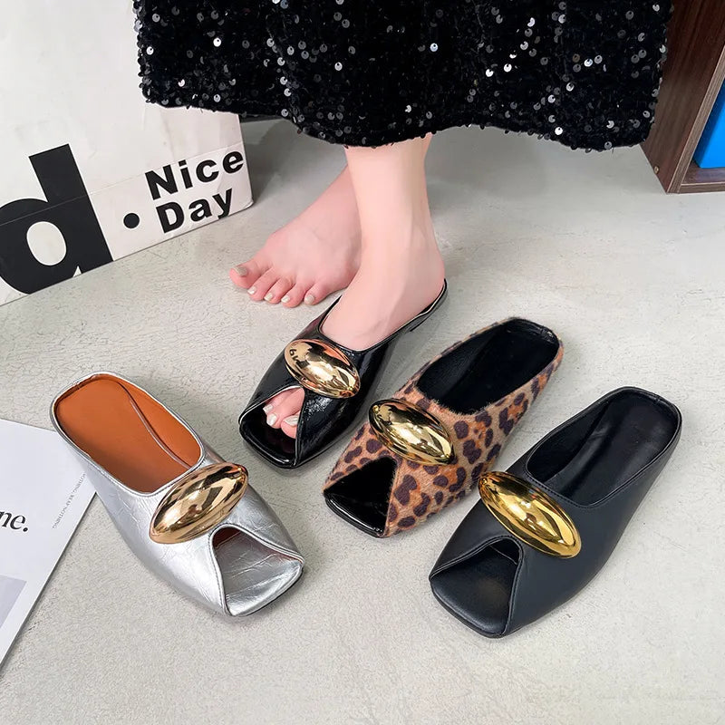 2026 new elegant temperament metal buckle fish mouth slippers fashionable flat shoes PU slippers