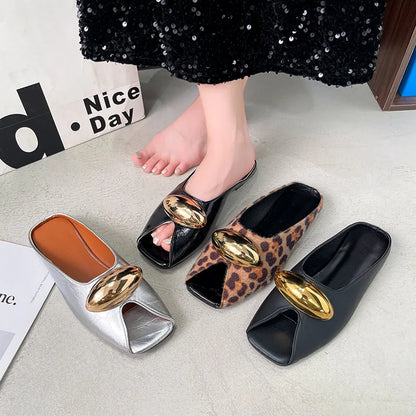 2026 new elegant temperament metal buckle fish mouth slippers fashionable flat shoes PU slippers