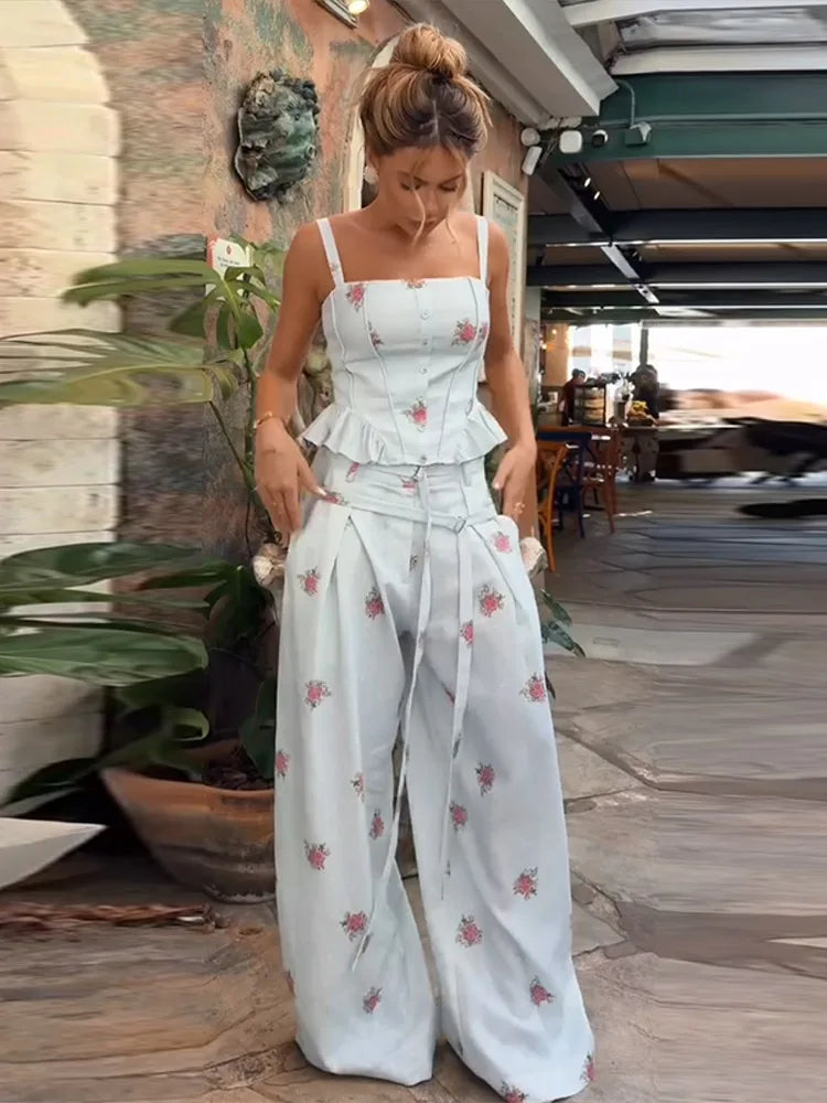 Sexy Print Vest Lace Up Pants Suit Women Slim Sleeveless Sling Tops High Waist Long Trousers Set Female 2026 Summer Sets Lady