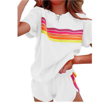 Women Casual Sports Outfits Summer Outdoor Comfortable Cool Shorts Tracksuit 2pcs Set Urban Fashion Stripe Top Suit Streetwear