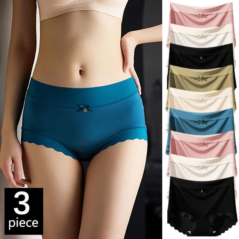 FallSweet 3Pcs Ice Silk Panties for Women Seamless High-Rise Briefs Plus Size Underwear Boyshort Sexy Lingerie for Everyday Wear