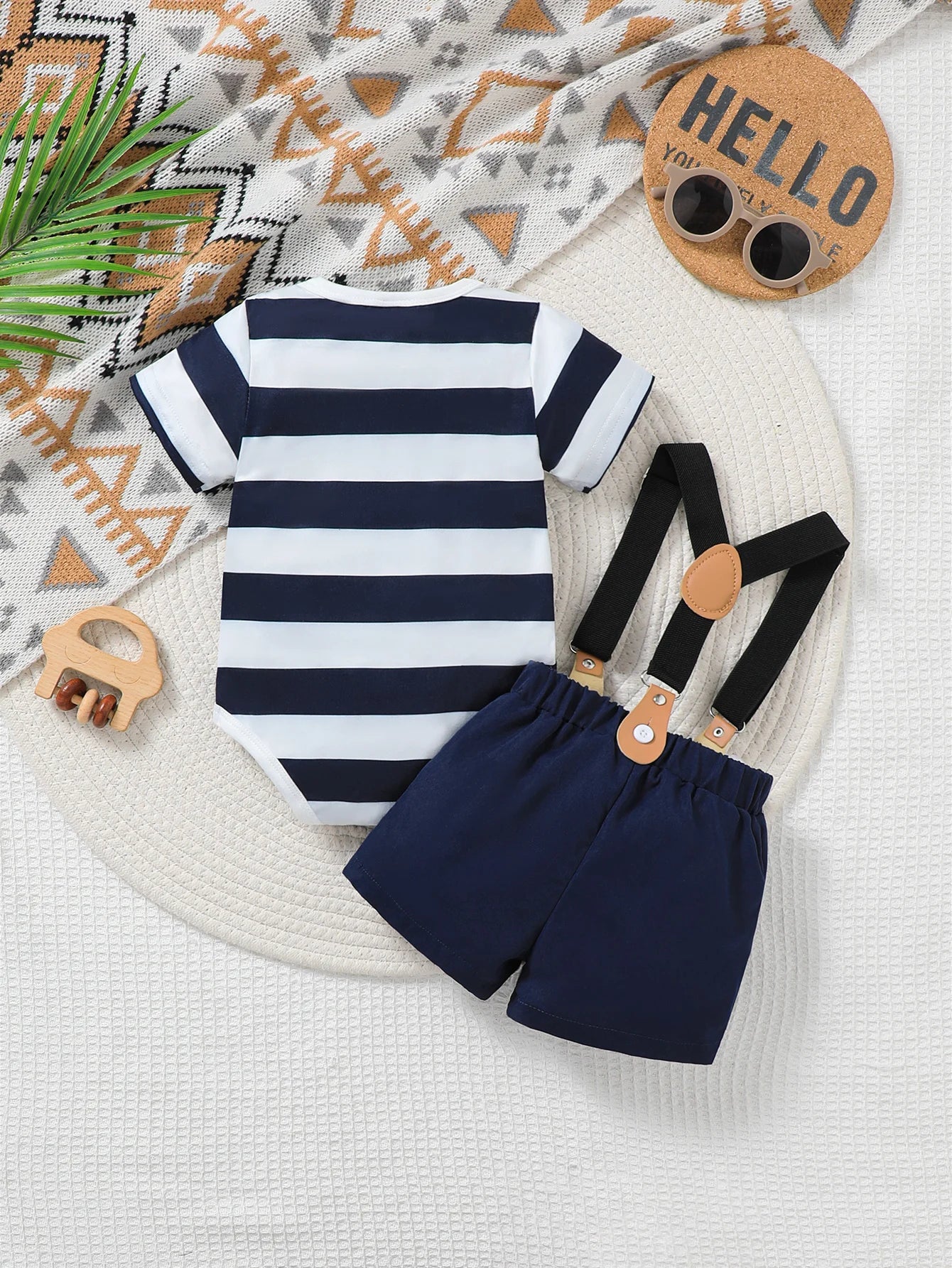 Baby Boy Spring Summer Outfit Set Cute Cartoon Letter Bear Print Striped Short Sleeve Onesie with Bear Decorated Overalls Shorts