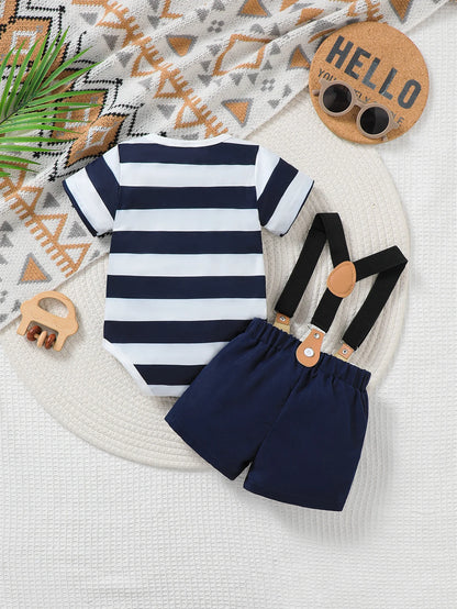 Baby Boy Spring Summer Outfit Set Cute Cartoon Letter Bear Print Striped Short Sleeve Onesie with Bear Decorated Overalls Shorts