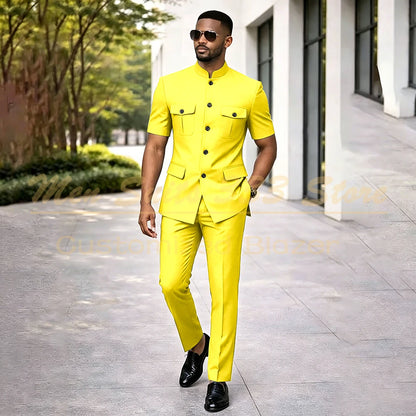 Summer Safari Men's Suits Fashion Regular Fit Short Sleeve Blazer Elegant Luxury Single Breasted 2 Piece Jacket Pants Outfits