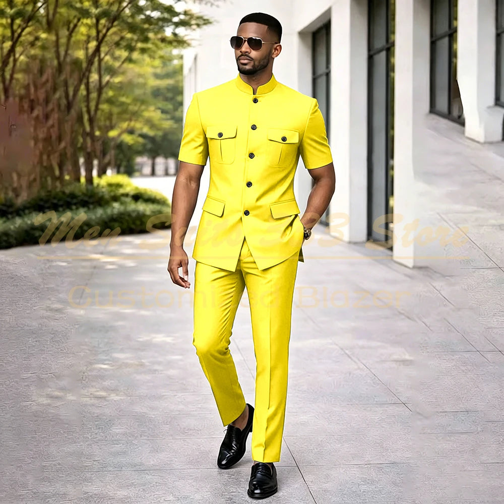 Summer Safari Men's Suits Fashion Regular Fit Short Sleeve Blazer Elegant Luxury Single Breasted 2 Piece Jacket Pants Outfits