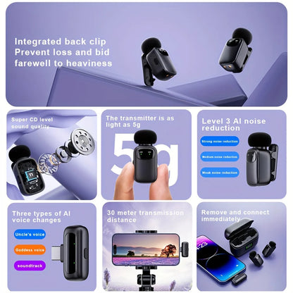 Mini Wireless Lavalier Microphone, compatible with Android and iPhone, exceptional sound quality, AI-powered noise cancellation, voice converter, 30-hour battery life, comes with a charging case, ideal for video recording, po