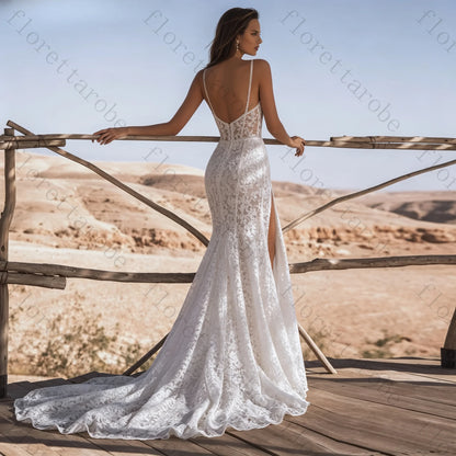 Customized Exquisite Spaghetti Straps V-neck A-line Court Train Wedding Dresses Cut Out Lace Appliques Front Slit Bridal Gowns