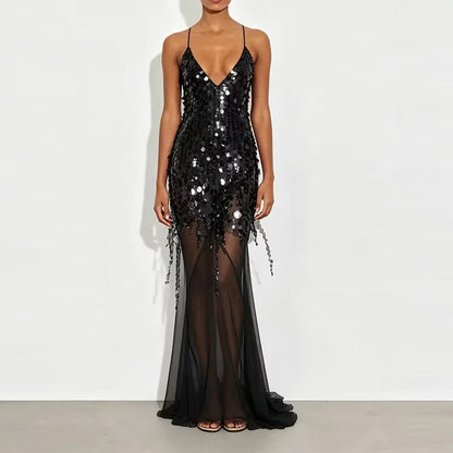 Sexy Hollow Sleeveless High Waist Evening Dress 2025 Casual Off Shoulder Suspender Dresses Lady Deep V Sequin Slim Mermaid Dress