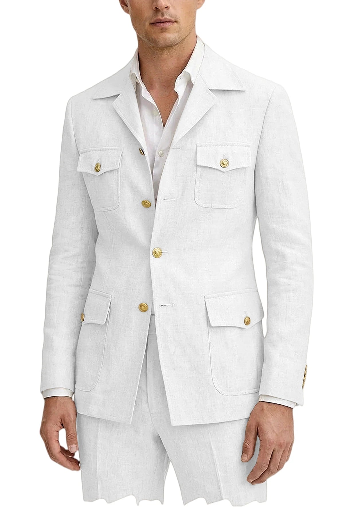 Men's Linen Suit 2 Piece Blazer Pants Set Multi-Pocket Safari Style Slim Fit Formal Business Casual Jacket Trousers for Summer