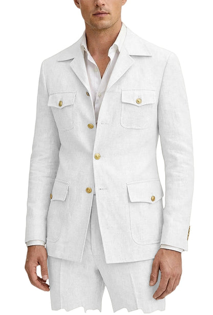 Men's Linen Suit 2 Piece Blazer Pants Set Multi-Pocket Safari Style Slim Fit Formal Business Casual Jacket Trousers for Summer
