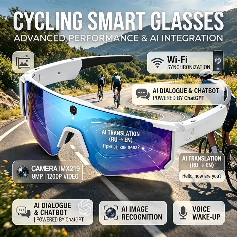 2026 NEW AI Smart Glasses ChatGPT 1080P Camera 8MP Anti-shake Cycling Video&Photo Sport Sunglasses DualMic 32GB Windproof Goggle