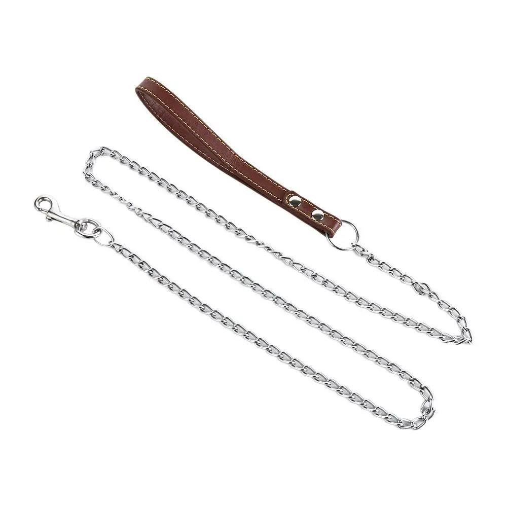 Heavy Duty Metal Chain Dog Lead With Leather Handle Long Strong Control Leash Outdoor Pet Traction Rope Anti Bite Chain Supplies