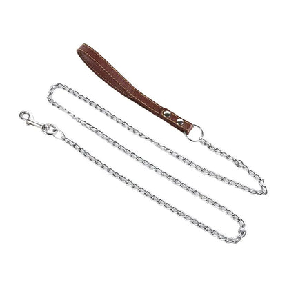 Heavy Duty Metal Chain Dog Lead With Leather Handle Long Strong Control Leash Outdoor Pet Traction Rope Anti Bite Chain Supplies