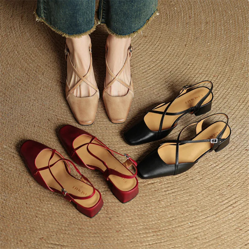 New Genuine Leather Summer Sandals Women Shoes Square Toe Sandals for Women Fashion Versatile Cover Toe Mid Heels Sandals