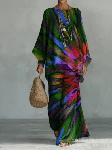 Boho Two Piece Set Summer Women's Loose Patchwork Wide Leg Pants Set Fashion O Neck Pullover Top 2-piece Set Outfit Streetwear