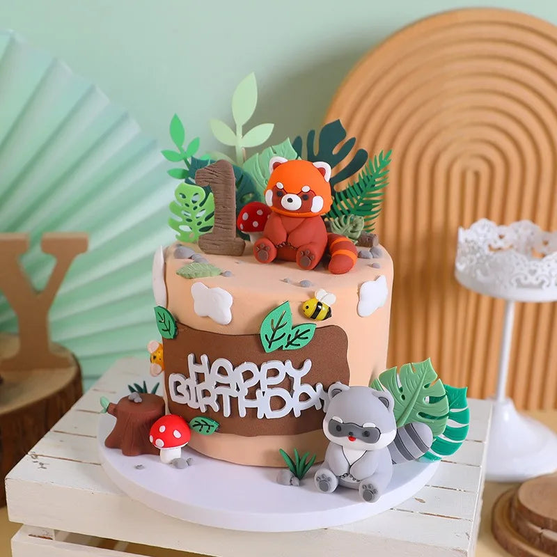 Cartoon Aniamal Cake Dec Little Raccoon Red Panda Cupcake Decoration Jungle Safari Happy Kid Birthday Party Girl Boy Babyshower