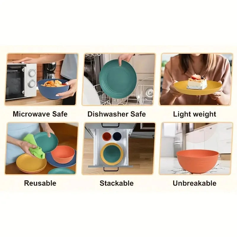 32 Pcs Kitchen Wheat Straw Dinnerware Set, Service For 8, Plastic Reuasble Dinner Dishes Serving Plate Set For Kitchen, Including Dinner Plate, Dessert Plates, Bowl, Cup