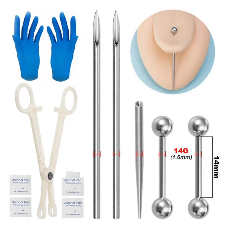 Sterile Body Piercing Tool Kit Surgical Steel Piercing Needles Clamp Pliers Gloves Set Pull Pin Lead Tool Lip Nose Belly Jewelry