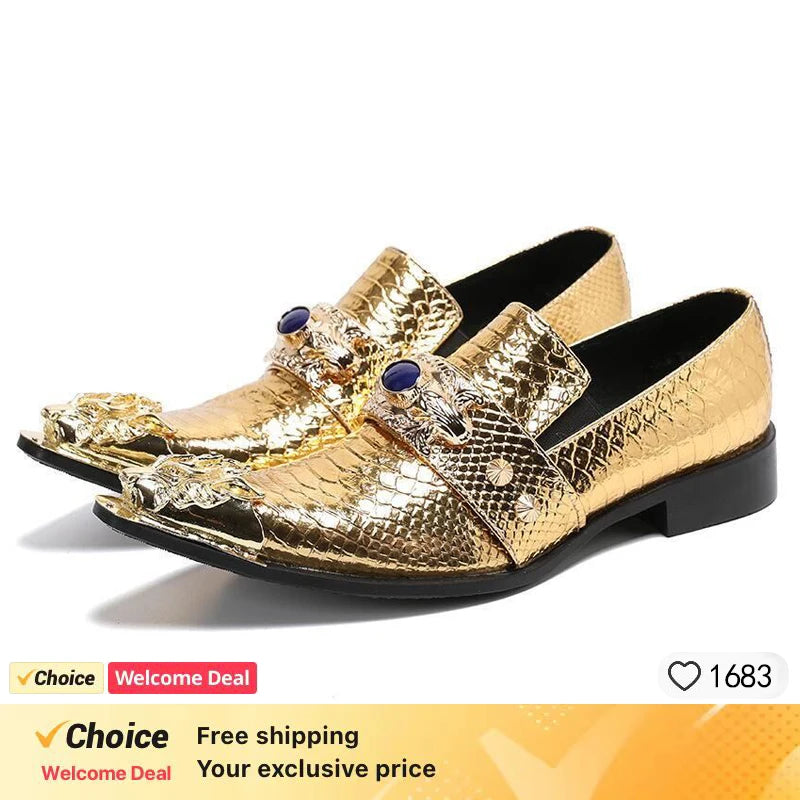 Fashion Gentleman Dressing Shoes Metal Pointed Toe Patchwork Crystal Designer Wedding Party Brand Customized Shoes Men Plus Size