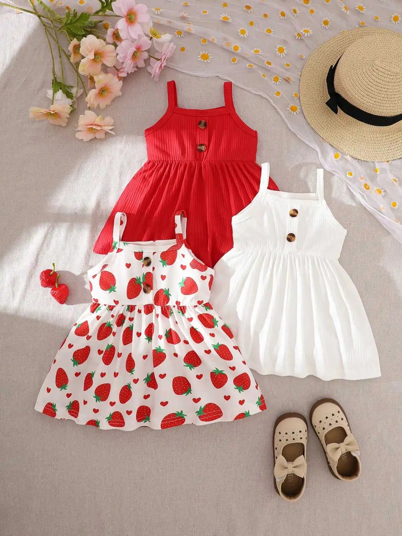 Newborn baby girl summer style white/orange full print pattern small floral suspender dress three piece set, family gift, comfor