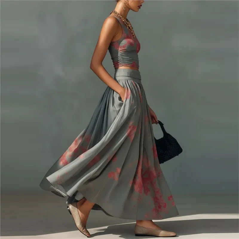 Bohemian Style Print Skirt Two Piece Set Women Sexy Cropped Top High Waist A-line Skirts 2 Piece Sets Casual Vacation Lady Suits
