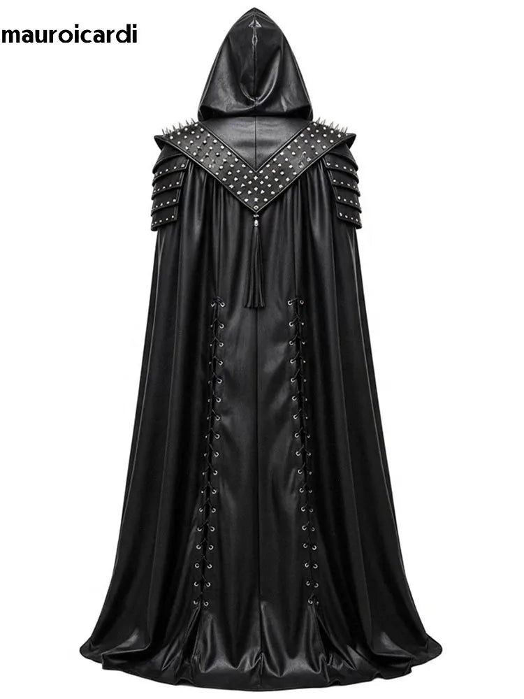 Mauroicardi Spring Autumn Extra Long Studded Black Pu Leather Poncho Overcoat Men with Hood Medieval Lace Up Luxury Cloak