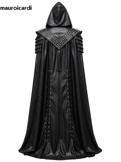 Mauroicardi Spring Autumn Extra Long Studded Black Pu Leather Poncho Overcoat Men with Hood Medieval Lace Up Luxury Cloak