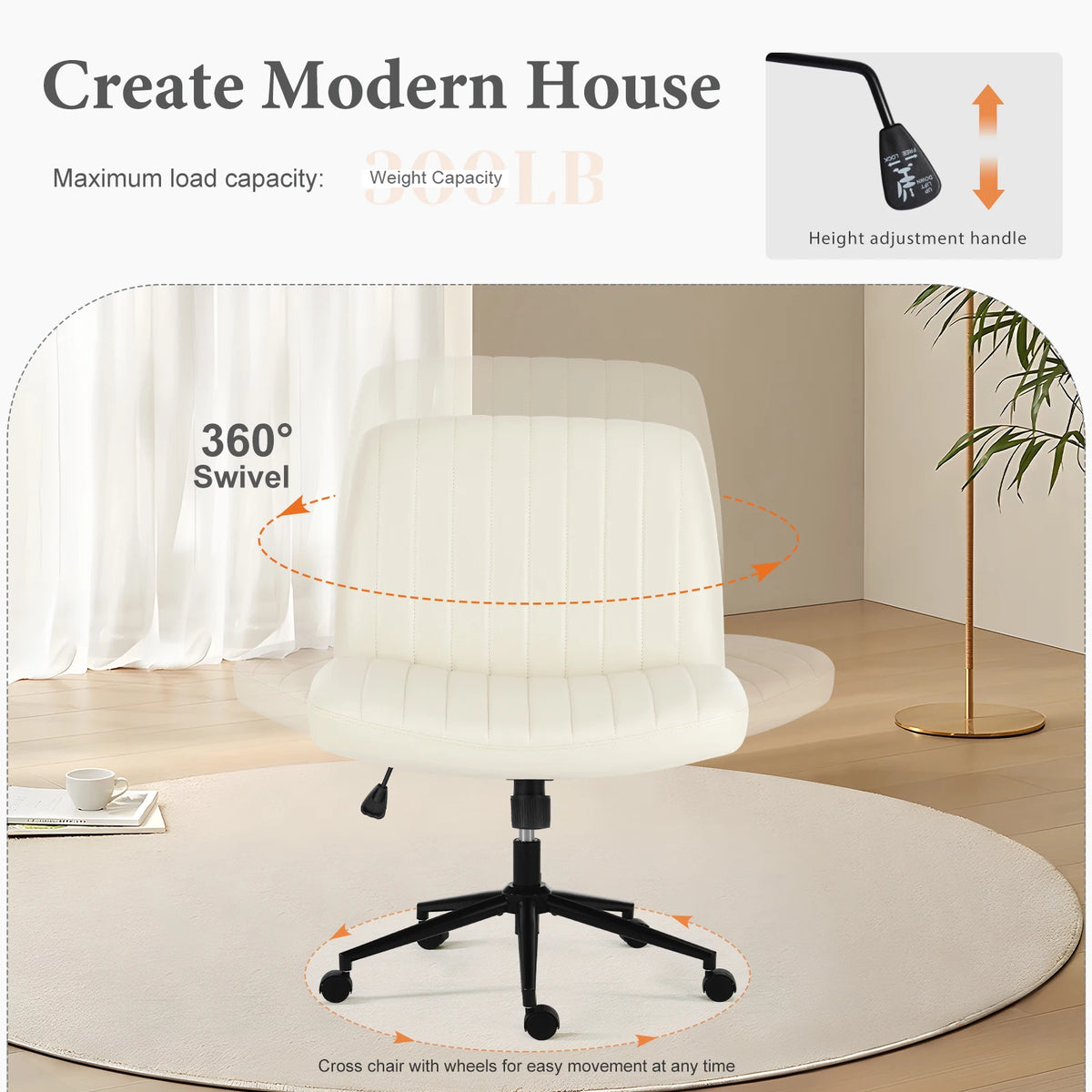 Armless Office Chair | Adjustable Swivel Seat with Casters or Foot Pads | Home, Work & Study