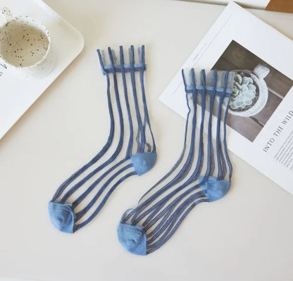 Transparent Crystal Silk Socks Women Fashion Ultra-thin Summer Harajuku Crew Socks Flower Streetwear Elastic Long Mesh Socks