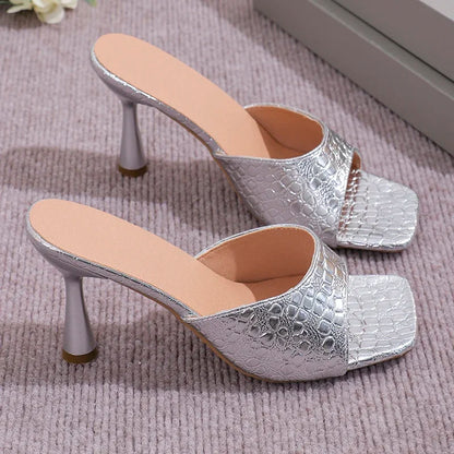 Luxury Gold Silver High Heels Sandals Women Slip On Square Toe Summer Slippers Woman Plus Size 43 Thin Heeled Party Shoes Lady