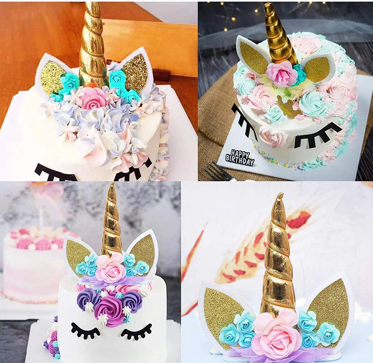 Unicorn Cake Topper Handmade Party Cake DIY Decoration Supplies with Eyelashes Gold Horn for Birthday Party Baby Shower Wedding