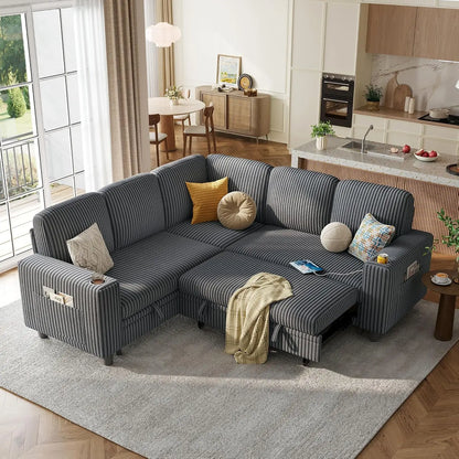 Sectional Couches for Living Room, 81" L Shape 5 Seats, Green | Sleeper sofa with pull out couch bed, corduroy, Customized
