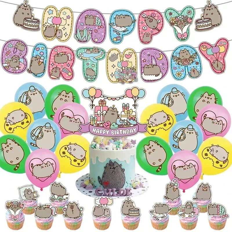 The Pusheen Cat Balloons Birthday Decoration Party Supplies Cartoon Grey Pet Fat Cat Theme Banner Backdrop Cake Topper Sticker