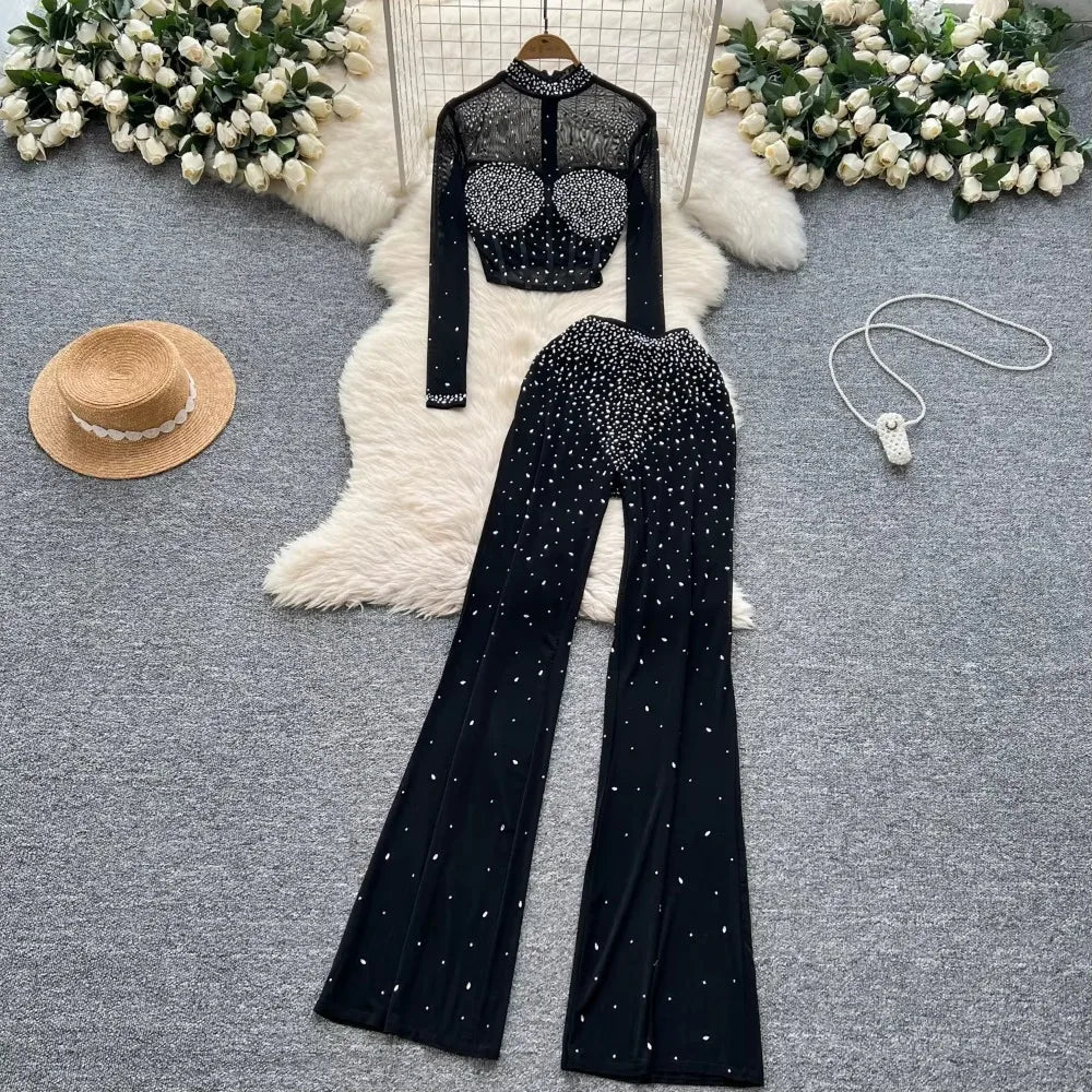 Fashion See Through Mesh Rhinestone Chic Long Sleeve Slim Short Top High Waist Wide Leg Pants Evening High Street Two-piece Sets