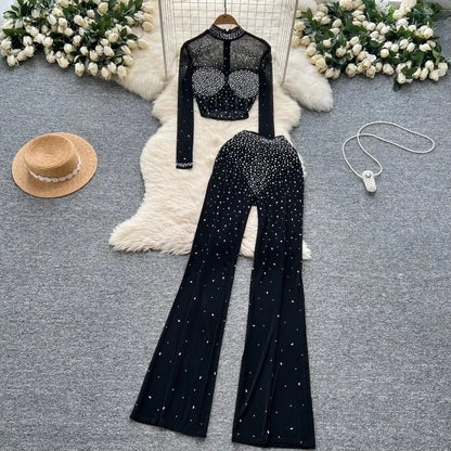 Fashion See Through Mesh Rhinestone Chic Long Sleeve Slim Short Top High Waist Wide Leg Pants Evening High Street Two-piece Sets