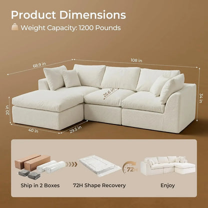 108" Cloud Sectional Couch with 2 Washable Cover Sets | L-Shaped Modular Sofa with Ottoman, Deep Seat Couch for living room