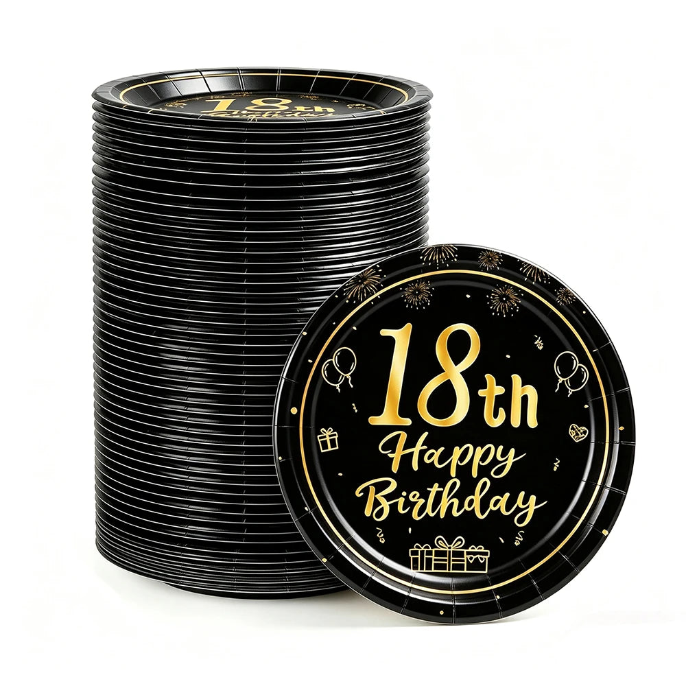 8-40pcs Men Women Adult 18th 30th 40th 50th 60th Birthday Party Decoration Supplies Black Gold Disposable 7/9inch Paper Plates