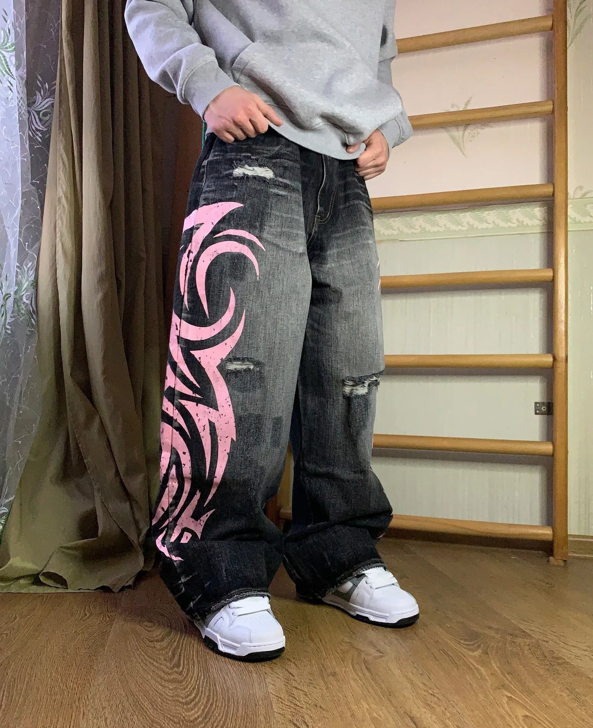 Y2K American Vintage Mottled Totem Print Baggy Jeans Women's High Waist Wide Leg Jeans Women's  Trendy Hip-hop Jeans