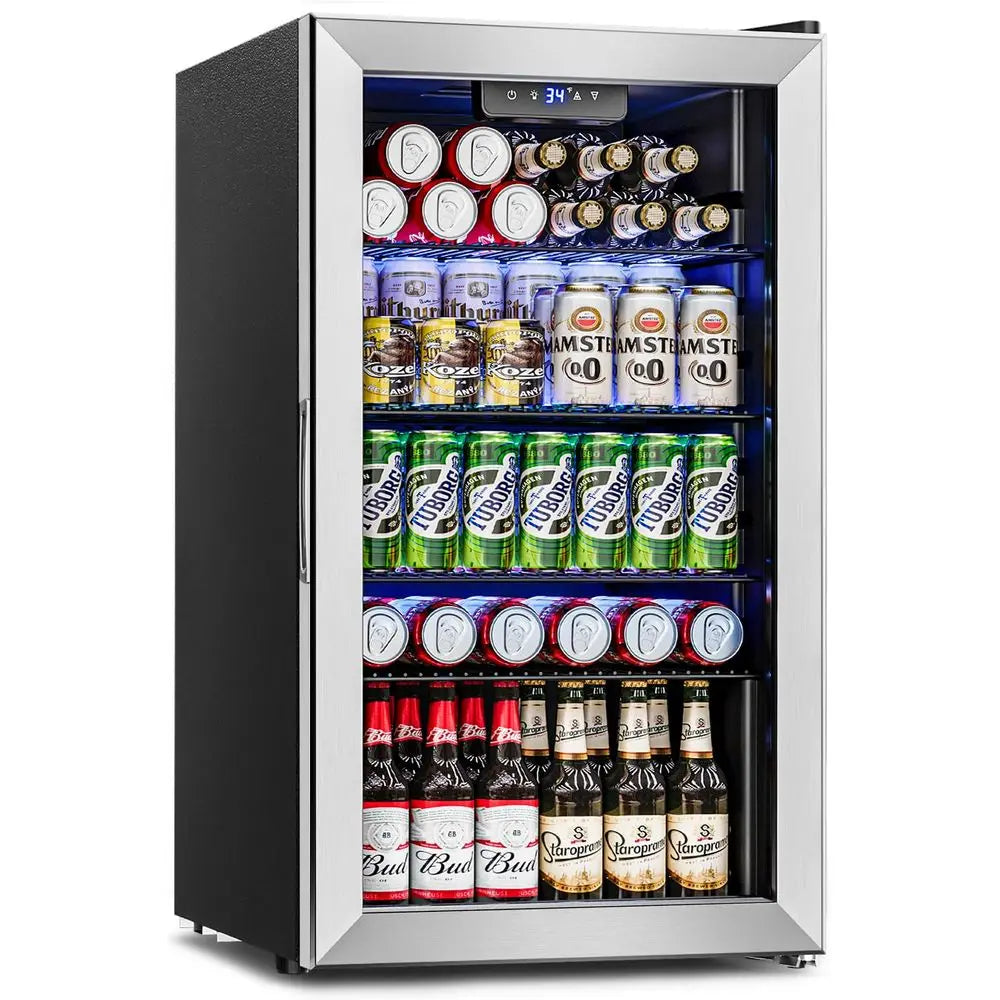 Beverage Refrigerator Cooler 126 Can Mini Fridge Glass Door for Drinks Soda Beer Wine Small Refrigerator for Office Bedroom Hom